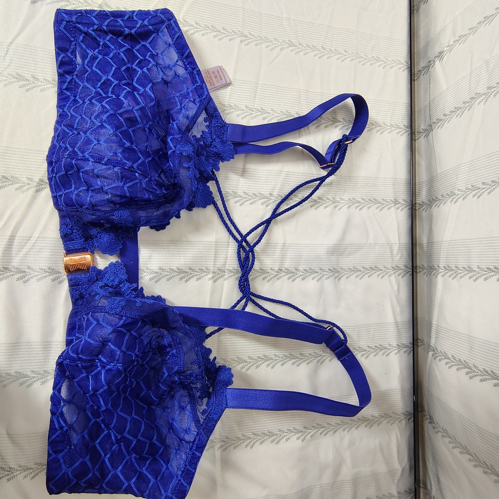 Savage X Fenty Royal Blue Lace Bra with Strappy Design